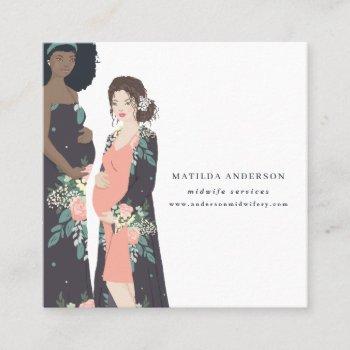 illustrated colorful + floral midwife square business card
