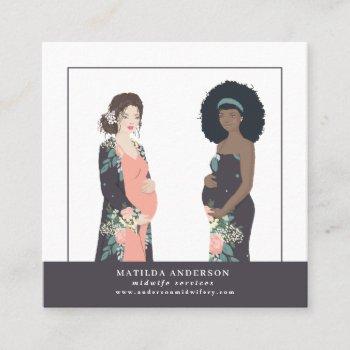 illustrated prgenant mom colorful + floral midwife square business card