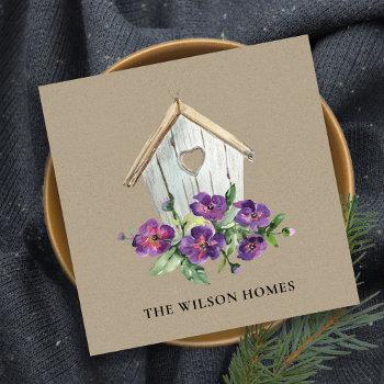 Small Kraft Rustic Floral Birdhouse Real Estate Realtor Square Business Card Front View