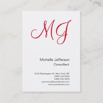 Small Large Unique Monogram White Red Business Card Front View