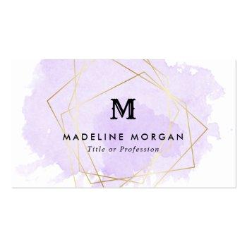 Small Lavender Watercolor Faux Gold Geometric Monogram Business Card Front View