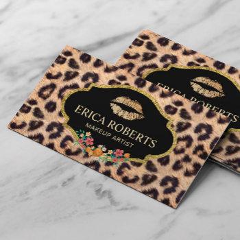leopard makeup artist modern gold lips salon business card