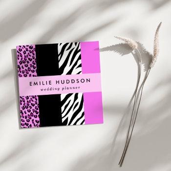 leopard print, zebra print, animal print, pink square business card