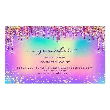 Small Logo Boutique Shop Glitter Drips Holograph Square Business Card Back View
