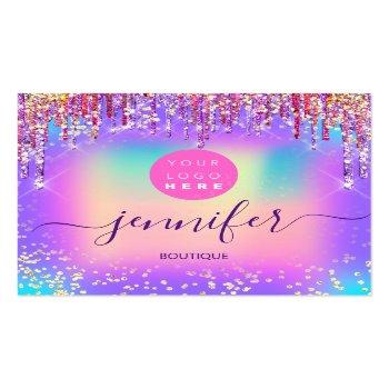 Small Logo Boutique Shop Glitter Drips Holograph Square Business Card Front View
