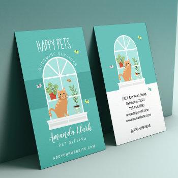loveable happy cat on window sill pet sitting  business card