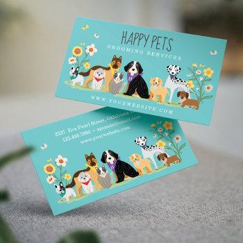 loveable happy pet family pet care, grooming blue business card
