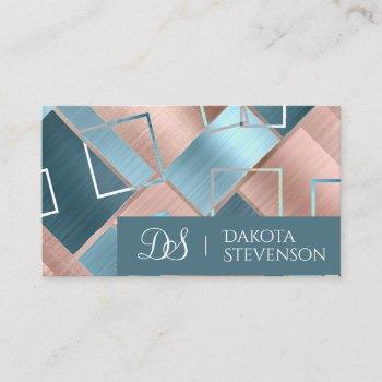 luxe abstract | blush rose gold and teal monogram business card