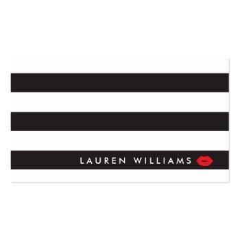Small Luxe Black/white Stripes Red Lips Makeup Artist Business Card Front View