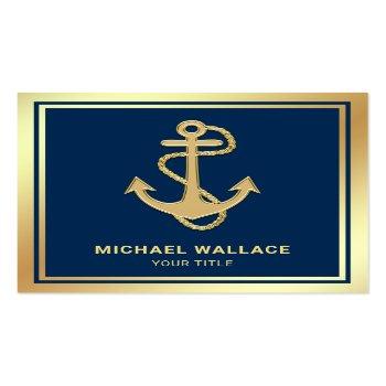 Small Luxurious Navy Blue Gold Foil Nautical Rope Anchor Square Business Card Front View