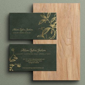 luxury dark green elegant faux gold foil foliage business card