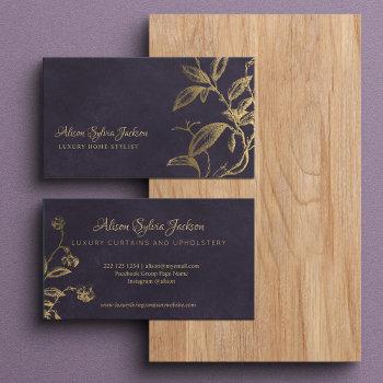 luxury dark purple elegant faux gold foil foliage business card