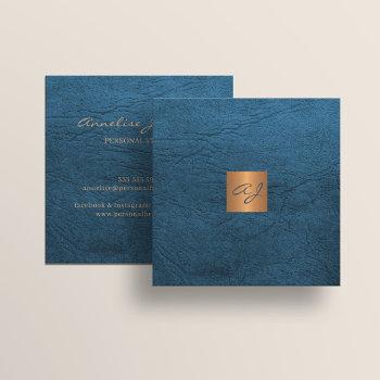 luxury elegant blue leather copper gold monogram square business card
