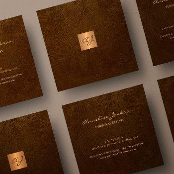 luxury elegant brown leather copper gold monogram square business card