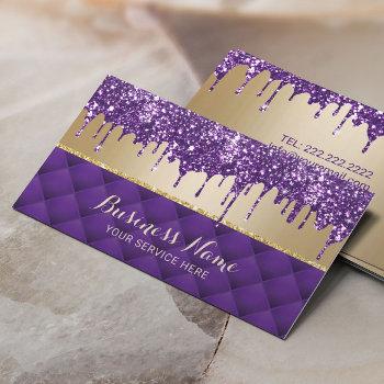luxury purple glitter drips chic gold beauty salon business card
