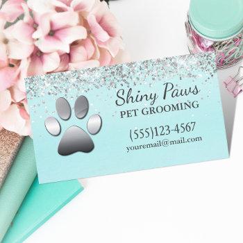 luxury silver glitter dog paw pet grooming business card