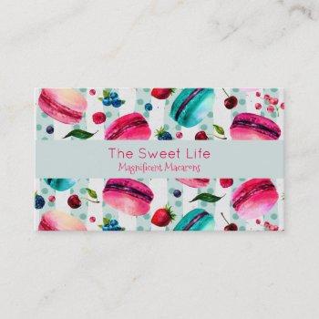 macarons french pastry with berries and polka dots business card
