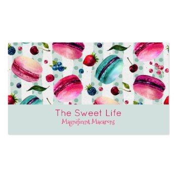 Small Macarons French Pastry With Berries And Polka Dots Business Card Front View