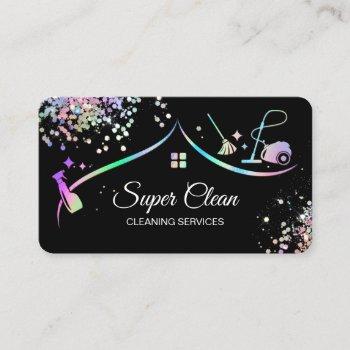 maid cleaning house holographic sparkling business card