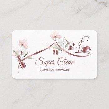 maid cleaning house sparkling rose gold floral business card