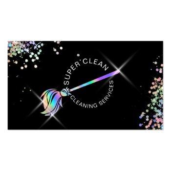 Small Maid Cleaning Housekeeping Sparkling Holograph Business Card Front View