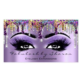 Small Makeup Artist Brow Eyelash Drips Purple Holograph Business Card Front View