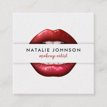 makeup artist cool 3d red lips modern gray beauty square business card
