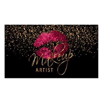 Small Makeup Artist - Gold Confetti & Hot Pink 💋 Lips Business Card Front View