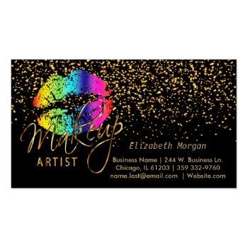 Small Makeup Artist - Gold Confetti & Rainbow Lips Magnetic Business Card Front View