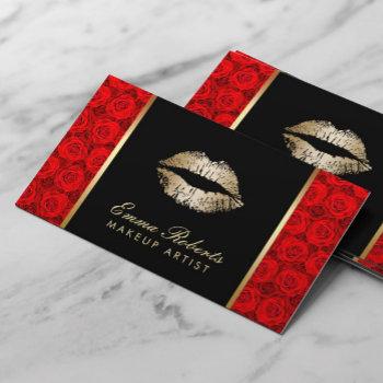 makeup artist gold lips elegant red roses business card