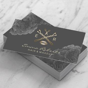 makeup artist hair stylist dark floral gold logo business card