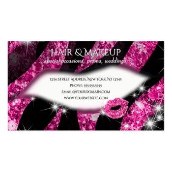 Small Makeup Artist Hot Pink Glitter Lips Zebra Print Business Card Back View