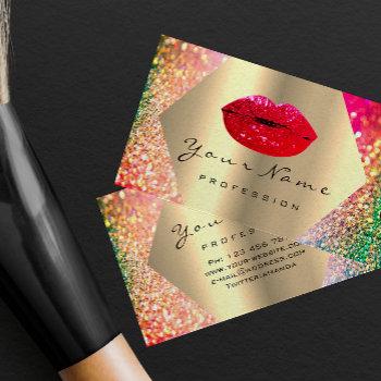 makeup artist kiss lips red lux holograph gold business card