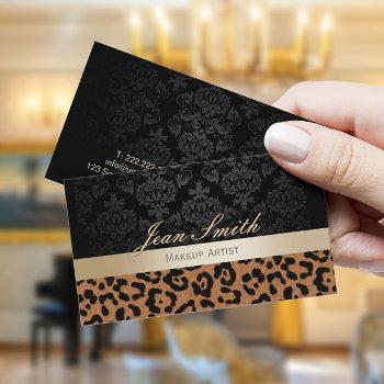 Small Makeup Artist Modern Leopard Print Gold Stripe Business Card Front View