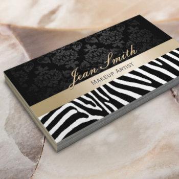 Small Makeup Artist Modern Zebra Pattern Gold Stripe Business Card Front View