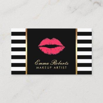 makeup artist red lips modern black white stripes business card