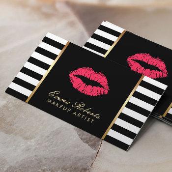 makeup artist red lips modern black white stripes business card