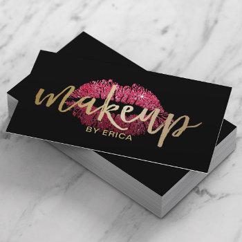 makeup artist red lips modern gold script business card