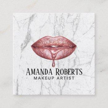 makeup artist rose gold dripping lips marble square business card