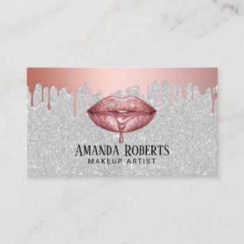 makeup artist rose gold dripping lips silver business card