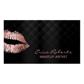 Small Makeup Artist Rose Gold Lips Luxury Black Salon Business Card Front View