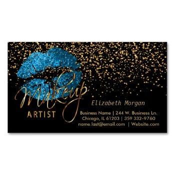 makeup artist with gold confetti & turquoise lips business card magnet