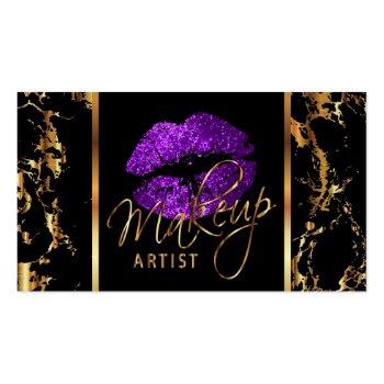 Small Makeup Artist With Marble Gold & Purple Accents Business Card Front View