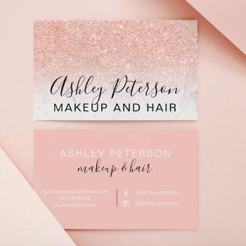 makeup elegant typography marble rose gold glitter business card