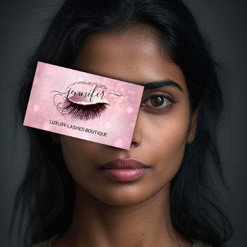 Small Makeup Eyelash Qr Code Logo Glitter Pink Rose Glam Business Card Front View