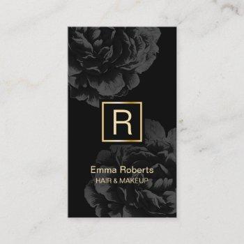 makeup & hair stylist monogram elegant dark floral business card