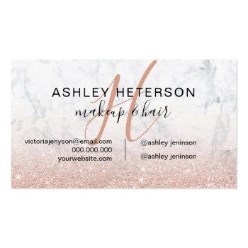 Small Makeup Monogram Marble Rose Gold Glitter Script Business Card Back View