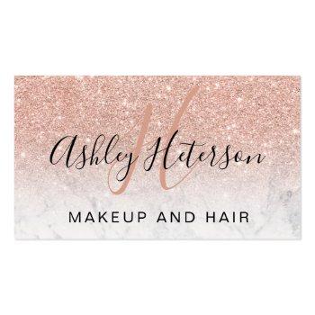 Small Makeup Monogram Marble Rose Gold Glitter Script Business Card Front View