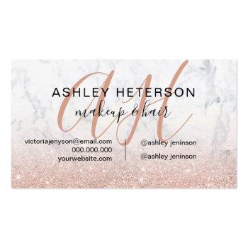 Small Makeup Monogrammed Marble Rose Gold Glitter Script Business Card Back View