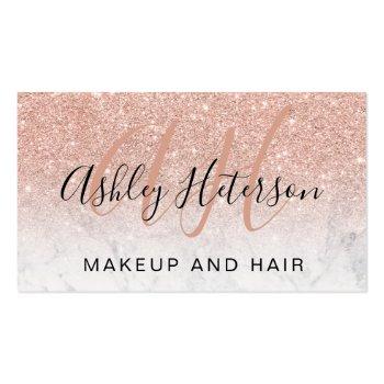 Small Makeup Monogrammed Marble Rose Gold Glitter Script Business Card Front View